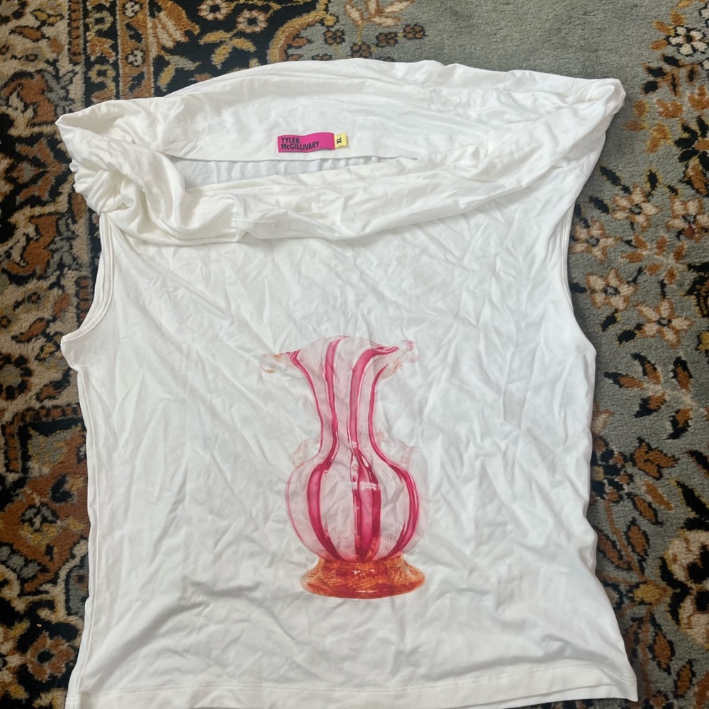 White Sleeveless Top with Pink Vase Design